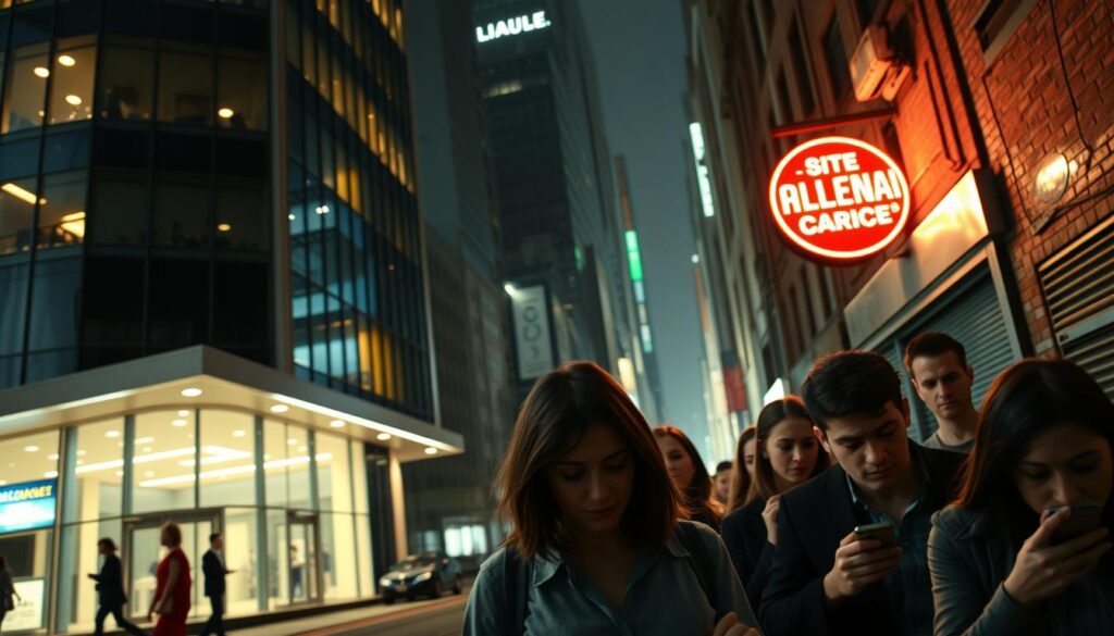 A bustling cityscape with a clear divide between licensed and unlicensed streaming services. In the foreground, a sleek, modern office building represents the authorized providers, illuminated by warm, diffused lighting. In the background, a shadowy alleyway showcases the unlicensed services, with a neon sign flickering ominously. The middle ground features a group of consumers, some confidently accessing the licensed services, while others furtively use the illegal alternatives, the contrast in their expressions reflecting the legal and ethical implications. The scene is captured through a wide-angle lens, creating a sense of scale and the complexity of the issue.