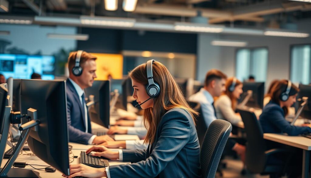A bustling office space filled with a professional customer support team, working diligently at their desks in a bright, modern setting. The team members, dressed in smart business attire, are engaged in active conversations, with headsets on and fingers swiftly typing on their keyboards. The room is bathed in warm, natural lighting, creating a welcoming and productive atmosphere. In the background, a sleek, state-of-the-art technology setup, including high-resolution monitors and advanced communication equipment, suggests a dedicated and well-equipped customer support operation. The overall scene conveys a sense of efficiency, expertise, and a commitment to providing exceptional customer service.