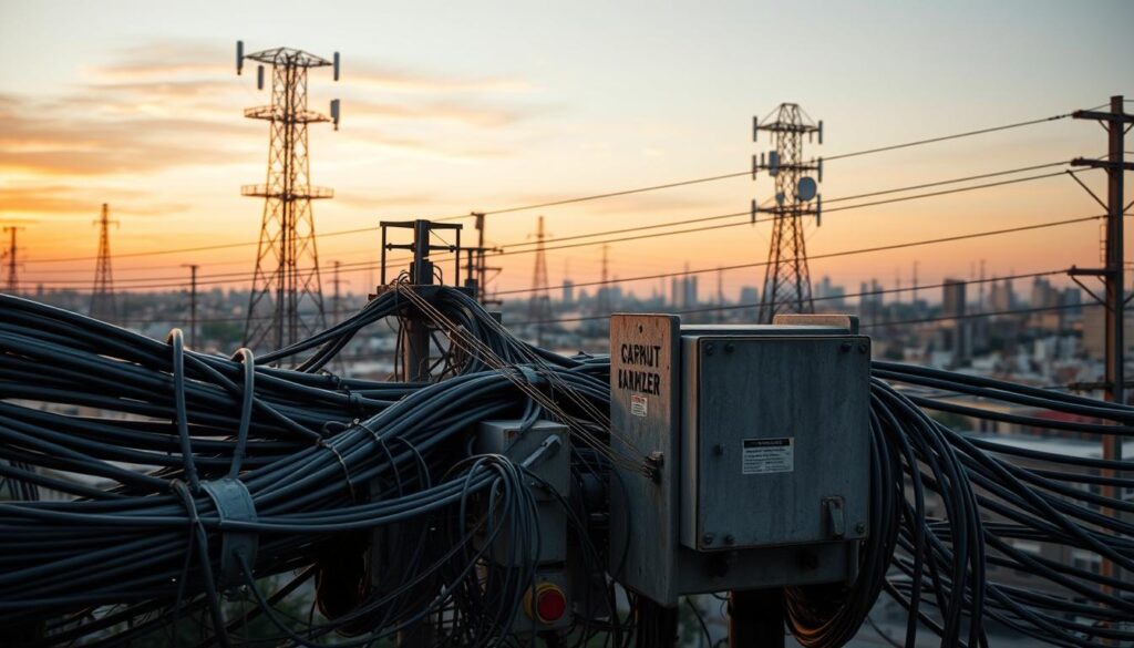 A complex network of cables, conduits, and distribution boxes stretching across a cityscape. Massive transmission towers loom in the background, their metal frames silhouetted against a sky tinged with warm, golden hues. In the foreground, an intricate web of coaxial cables, fiber optic lines, and power lines converge at a central junction box, its metal casing weathered by time and the elements. The scene conveys the robust, industrial nature of traditional cable television infrastructure, a tangible representation of the technology that has brought entertainment into homes for decades. Illuminated by a mixture of natural and artificial lighting, the image captures the technical and functional aspects of this ubiquitous communication system.