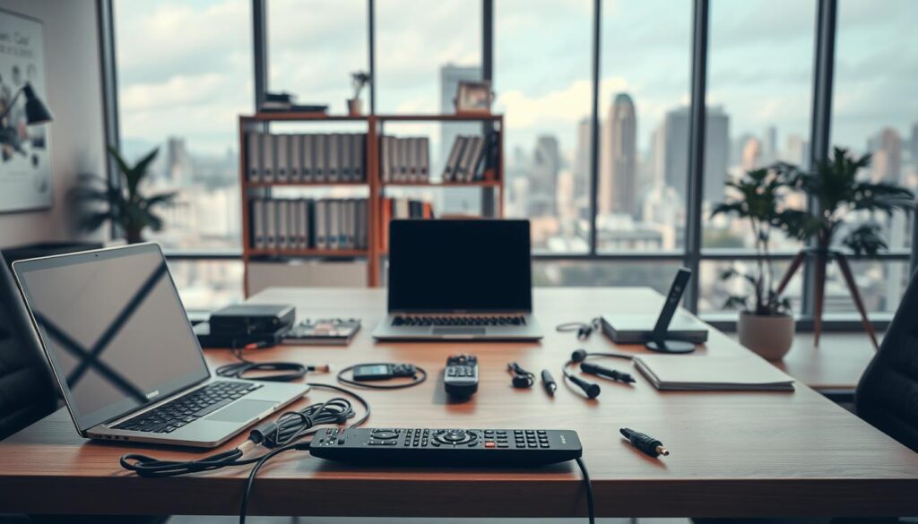 A contemporary office setting, with a central desk showcasing various troubleshooting tools and gadgets for resolving streaming issues. In the foreground, a laptop, remote control, and diagnostic cables are neatly arranged, hinting at the technical nature of the solutions. The middle ground features a bookshelf stocked with reference materials and tech manuals, while the background depicts a large window overlooking a cityscape, providing a sense of professionalism and problem-solving. The lighting is warm and inviting, creating a calm and focused atmosphere, ideal for tackling the challenges of iptv not working. The overall composition conveys a sense of expertise and problem-solving, ready to guide the viewer through the common issues and their resolutions.