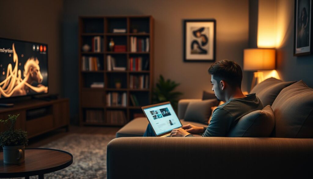 A cozy living room scene, dimly lit by a warm glow from a flat-screen TV. In the foreground, a person sits on a plush sofa, laptop open, intently evaluating an IPTV free trial service. The middle ground features an end table with a steaming mug of coffee, and a small potted plant adding a touch of nature. The background showcases a bookshelf filled with volumes, and a framed piece of art on the wall, creating a sense of intellectual and creative atmosphere. The overall mood is one of contemplation and decision-making, as the viewer considers the benefits of an IPTV free trial before committing to a service.