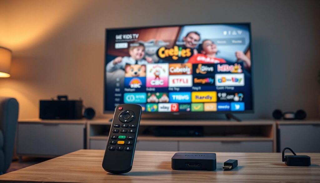 A cozy living room setup, with a smart TV prominently displayed on a media stand. The TV screen shows the IPTV interface, featuring a variety of kids' TV channels like CBeebies and CBBC. In the foreground, a user-friendly remote control is visible, inviting the viewer to interact with the IPTV system. The room is bathed in warm, soft lighting, creating a welcoming and family-friendly atmosphere. Alongside the TV, various streaming devices like a set-top box or an HDMI dongle are neatly arranged, showcasing the versatility of the IPTV setup. The overall scene conveys the ease and convenience of accessing UK kids' TV content on smart TVs and other devices.
