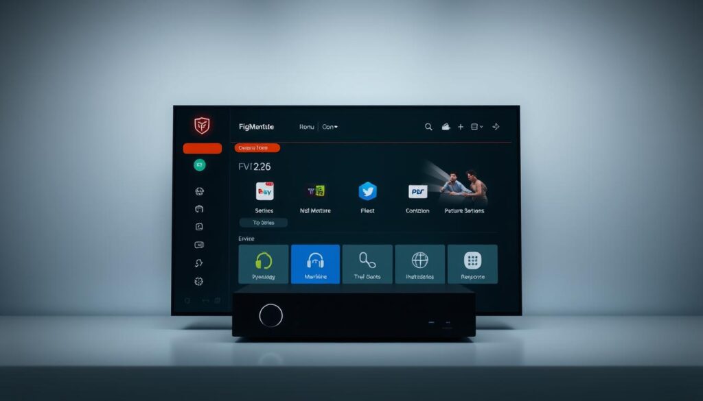 A crisp, high-resolution screenshot showcasing the sleek and intuitive TiviMate user interface. The foreground features the main dashboard with neatly organized menus, clear iconography, and a modern, minimalist design. The middle ground highlights the smooth transitions between sections, with subtle animations and responsive UI elements. The background subtly blends into a neutral, muted tone, allowing the interface to take center stage. Soft, even lighting illuminates the display, capturing the clean, polished aesthetic. The overall composition conveys a sense of user-friendliness and ease of navigation, reflecting the exceptional user experience provided by the TiviMate IPTV player.