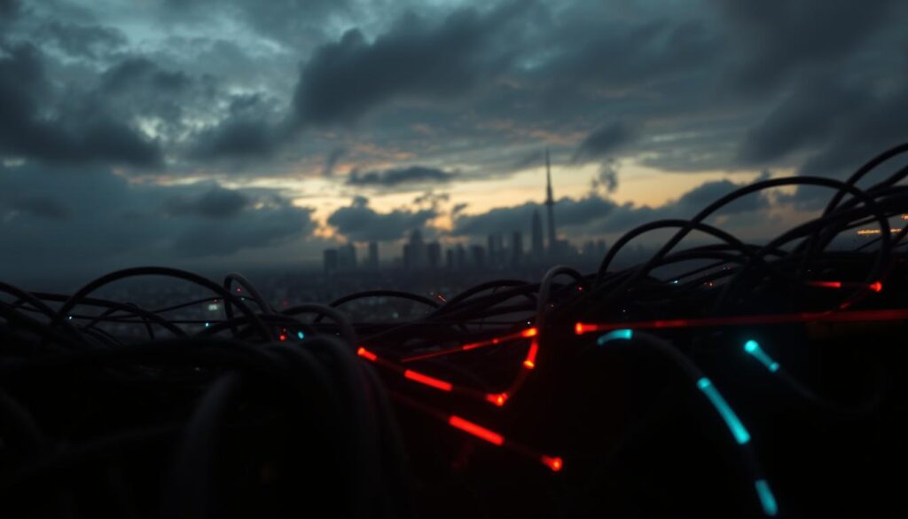 A dark, foreboding scene unfolds against a backdrop of ominous clouds and a cityscape silhouetted in the distance. In the foreground, a network of tangled wires and cables snake across the frame, symbolizing the complex web of digital threats. Streaks of neon-colored data flows and glitching visual artifacts create a sense of digital chaos, hinting at the ever-evolving nature of security vulnerabilities in the world of streaming media. The lighting is dramatic, with harsh shadows and highlights that convey a sense of urgency and danger. The camera angle is low, lending a sense of imposing scale to the threats at hand. Overall, the image evokes a sense of unease and the need for vigilance in the face of the growing challenges to IPTV security in the UK.