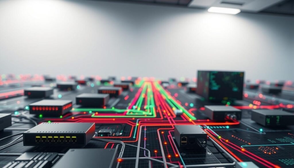 A detailed network congestion diagram showcasing the flow of data packets through various network components. In the foreground, intricate visualizations of routers, switches, and modems illustrate the infrastructure. In the middle ground, colorful data streams pulsate, representing real-time network traffic. In the background, a subtle grid pattern suggests the underlying network topology. The lighting is soft and diffused, creating a calm and analytical atmosphere. The camera angle is slightly elevated, providing an overview of the entire network system. The overall visual style is clean, technical, and data-driven, reflecting the technical nature of the subject matter.