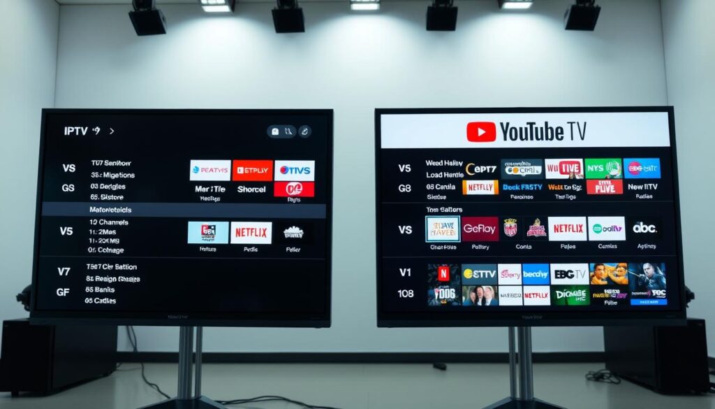 A detailed side-by-side comparison of two IPTV and YouTube TV channel lineups, displayed on high-resolution monitors in a well-lit professional studio setting. The lineups are presented in a clean, organized layout, with clear distinction between the two service providers. The image conveys a sense of objective analysis, with a focus on providing a comprehensive overview of the available channel selections. The lighting is neutral and evenly distributed, creating a modern, data-driven atmosphere. The camera angle is positioned to showcase the lineups in an easily readable format, inviting the viewer to closely examine and compare the channel offerings of the two services.