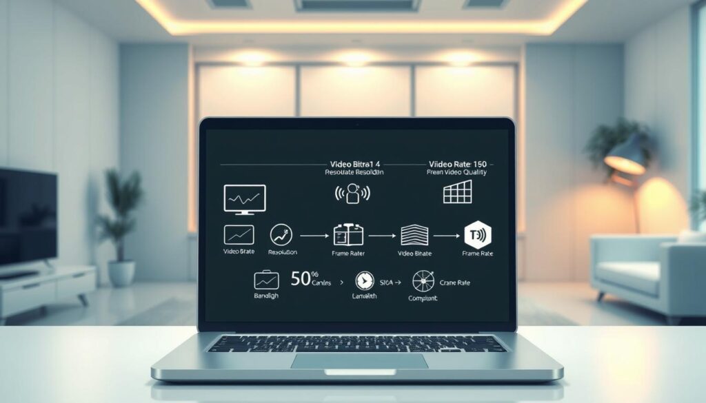A detailed, technical illustration showcasing the video quality requirements for IPTV streaming. Set in a minimalist, clean-lined workspace, the foreground features a laptop screen displaying various video bitrate and resolution metrics. In the middle ground, a series of simple icons and infographic elements convey the relationship between bandwidth, frame rate, and video quality. The background depicts a serene, modern office setting with warm lighting and sleek furniture, creating a professional, informative atmosphere. The overall composition should strike a balance between informative clarity and aesthetic sensibility, guiding the viewer's understanding of the technical considerations for high-quality IPTV performance.