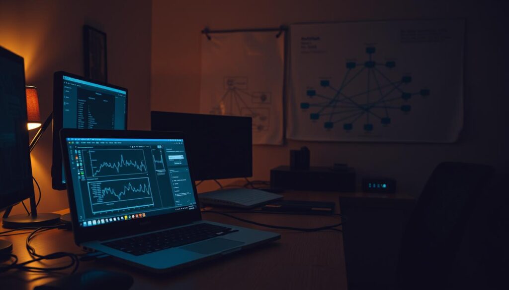 A dimly lit home office, the glow of multiple screens casting shadows across the desk. In the foreground, a laptop displays network troubleshooting tools, graphs, and diagnostic windows. Cables snake across the surface, connecting devices and tracing the flow of data. In the background, a network diagram hangs on the wall, mapping the intricate web of routers, switches, and access points. The scene conveys a sense of focused problem-solving, the calm intensity of an engineer tackling a complex technical challenge. Warm incandescent lighting and muted colors create an atmosphere of deep concentration and analytical precision.