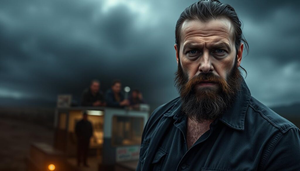 A dramatic documentary series set against a cinematic backdrop, featuring Pete Wicks, a rugged and charismatic British reality TV personality. In the foreground, Wicks stands confidently, his piercing gaze capturing the viewer's attention. The middle ground showcases a scene from his documentaries, perhaps an intense interview or a captivating moment of exploration. The background is a moody, atmospheric landscape, with dramatic lighting and striking visual elements that evoke the essence of the subject matter. The overall tone is one of intrigue, adventure, and the raw, unscripted nature of Wicks' documentary work.