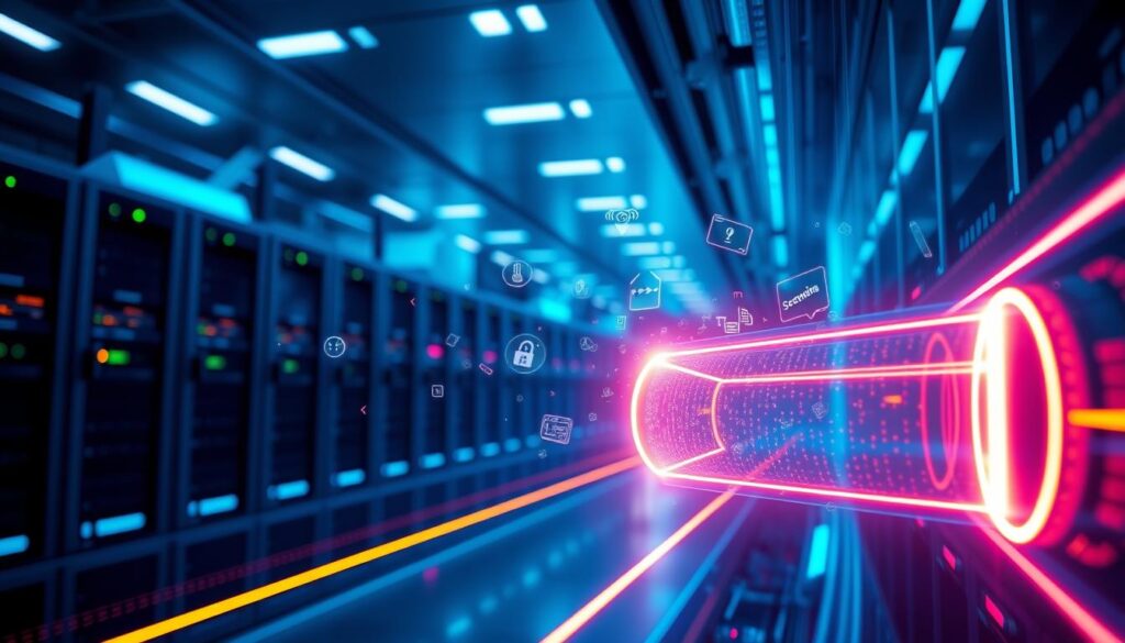 A futuristic, glowing data network with seamless VPN security features. In the foreground, a secure virtual private tunnel illuminates the scene with a vibrant neon glow, representing the protective encryption layer. In the middle ground, various data icons and symbols float effortlessly, conveying the flow of information through the VPN. The background depicts a sleek, minimalist architecture of servers and technology, bathed in a cool, azure hue to evoke a sense of advanced, cutting-edge security. Dramatic high-contrast lighting and a cinematic depth of field create an immersive, techno-futuristic atmosphere, showcasing the power and reliability of the integrated VPN system.