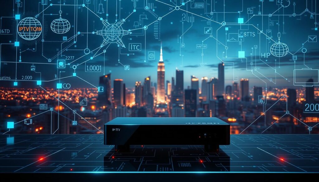 A futuristic, holographic display depicting the interconnected nature of IPTV technology. In the foreground, dynamic visualizations of data packets, streaming protocols, and network infrastructure. In the middle ground, a sleek, minimalist device symbolizing the modern IPTV set-top box. In the background, a cityscape of skyscrapers and satellite dishes, representing the ubiquity of IPTV in the urban landscape. The scene is illuminated by a warm, ambient glow, conveying the seamless integration of IPTV into our daily lives. Cinematic, high-contrast lighting accentuates the technological details, creating a sense of depth and complexity.