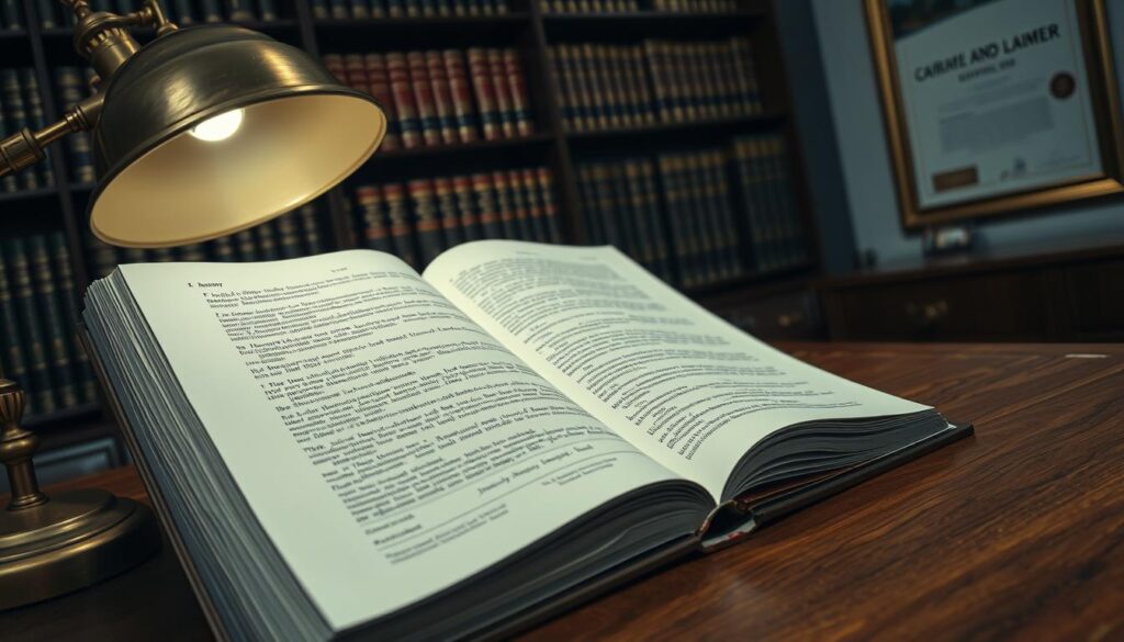 A high-angle shot of a large open book, its pages filled with legal text and symbols representing copyright laws in the United Kingdom. The book sits on a polished wooden desk, partially obscured by a brass desk lamp casting a warm, focused light. In the background, a bookshelf filled with law volumes and a framed certificate on the wall convey a sense of authority and expertise. The overall mood is one of seriousness and scholarly gravity, reflecting the importance of the legal framework governing IPTV in the UK.
