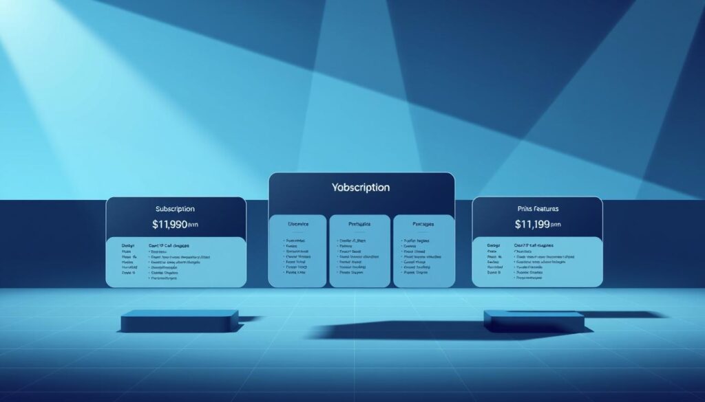 A high-contrast, modern and minimalist illustration showcasing a range of subscription plans and pricing options. In the foreground, three distinct packages are displayed on sleek, floating cards with clear typographic treatment of the plan names, key features, and pricing details. The middle ground features a subtle grid or graph pattern, hinting at the data-driven nature of the subscription plans. The background has a cool, slightly desaturated tone, with clean lines and geometric shapes creating a sense of sophistication. Soft, directional lighting casts subtle shadows, adding depth and dimensionality to the composition. The overall mood is professional, elegant and on-brand for a premium IPTV service.
