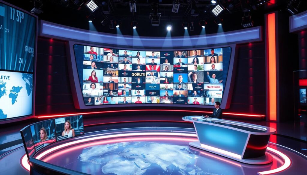 A high-definition live news studio with a vibrant, futuristic aesthetic. The foreground features a curved, state-of-the-art news desk with multiple screens displaying live global feeds. Anchors in sleek, modern attire sit behind the desk, gesturing passionately as they present the latest breaking news. The middle ground showcases a large, curved video wall displaying a diverse array of live channels from around the world, with seamless transitions between them. The background is bathed in a sophisticated lighting scheme, with a mixture of cool and warm hues creating a dynamic, immersive atmosphere. The overall scene conveys a sense of cutting-edge technology, global connectivity, and the excitement of exclusive live content.