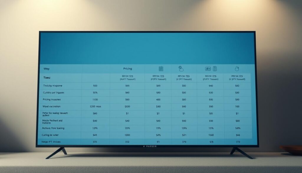 A high-quality, detailed comparison of IPTV pricing options, showcased in a clean, professional layout. In the foreground, a central table displays the key pricing tiers, features, and subscription plans of leading IPTV providers, presented in a clear, easy-to-digest format. The middle ground features subtle, contextual icons and illustrations that complement the pricing data. The background has a subtle, softly blurred gradient in muted tones, providing a sophisticated, minimalist backdrop. Bright, even lighting illuminates the scene, creating a sense of clarity and authority. The overall composition conveys a sense of objective analysis and informed decision-making for the discerning IPTV consumer.