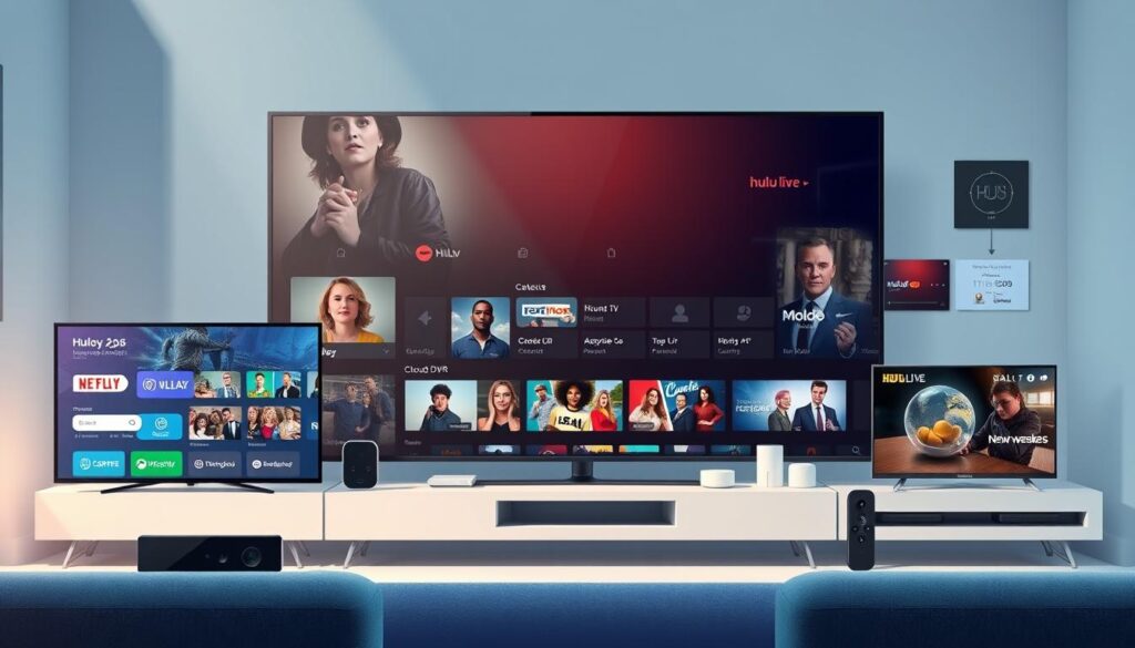 A high-quality, realistic digital illustration showcasing the key features and benefits of Hulu Live. Set in a modern, minimalist style with a clean, bright aesthetic. Prominent in the foreground are various Hulu Live icons and interface elements, such as the live TV guide, on-demand content selection, and cloud DVR functionality. In the middle ground, display various popular Hulu Live channels and content options. The background depicts an array of connected devices and smart home integrations, highlighting Hulu Live's cross-platform availability and compatibility. The overall composition should convey a sense of user-friendly accessibility, entertainment, and the versatility of the Hulu Live service.