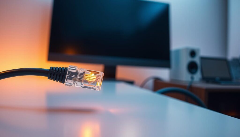 A high-speed wired internet connection, its benefits glowing in vivid detail. In the foreground, a sleek, modern ethernet cable snakes across a clean, minimalist desktop, its sturdy construction and gleaming metal connectors suggesting reliable, stable performance. In the middle ground, a desktop computer and monitor, their smooth lines and crisp display hinting at the seamless, uninterrupted streaming and browsing experience enabled by the wired link. The background bathes in a soft, ambient light, creating a calming, focused atmosphere that underscores the unwavering connectivity of the wired setup. The overall scene conveys a sense of technological elegance and the peace of mind that comes with a dependable, high-quality internet connection - the perfect visual metaphor for tackling IPTV freezing issues.