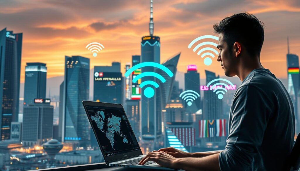A high-tech cityscape with skyscrapers and modern architecture. In the foreground, a person is using a laptop, with a VPN connection icon and a map showing different regions. The middle ground features various wireless signals and data streams, representing the challenges of public Wi-Fi and regional content restrictions. The background showcases a diverse array of international flags, symbolizing the global nature of the issue. The scene is illuminated by a warm, futuristic lighting, creating a sense of technology and innovation. The overall mood is one of problem-solving and overcoming digital barriers.