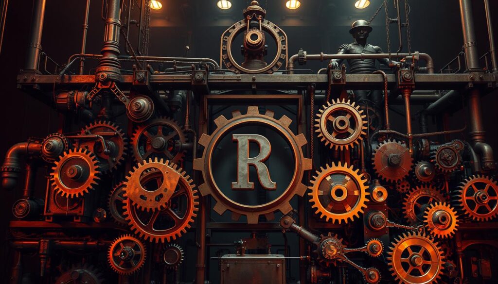 A majestic framework of gears, cogs, and mechanisms representing the intricate legal and regulatory processes that safeguard intellectual property rights. Set against a dimly lit, industrial backdrop, the composition emphasizes the gravity and complexity of copyright protection. Warm metallic tones and deep shadows convey a sense of solemnity and authority, while the carefully engineered design suggests the precision and rigor of the legal framework. The image should evoke a feeling of both the technical and the institutional, capturing the multifaceted nature of the subject matter.