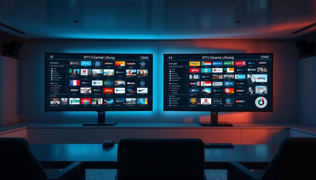 A meticulously crafted visual analysis of competing IPTV and live streaming channel lineups. The scene depicts a sleek, modern control room with dual widescreen displays showcasing detailed channel grids, program schedules, and visual comparisons. Soft, directional lighting casts dramatic shadows, creating a sense of technical sophistication. The composition emphasizes the side-by-side analysis, with clean, minimalist UI elements and infographics highlighting key channel offerings, package details, and visual cues to assess content quality and diversity. An overall tone of investigative professionalism pervades the scene, inviting the viewer to critically evaluate the relative merits of the two service providers.