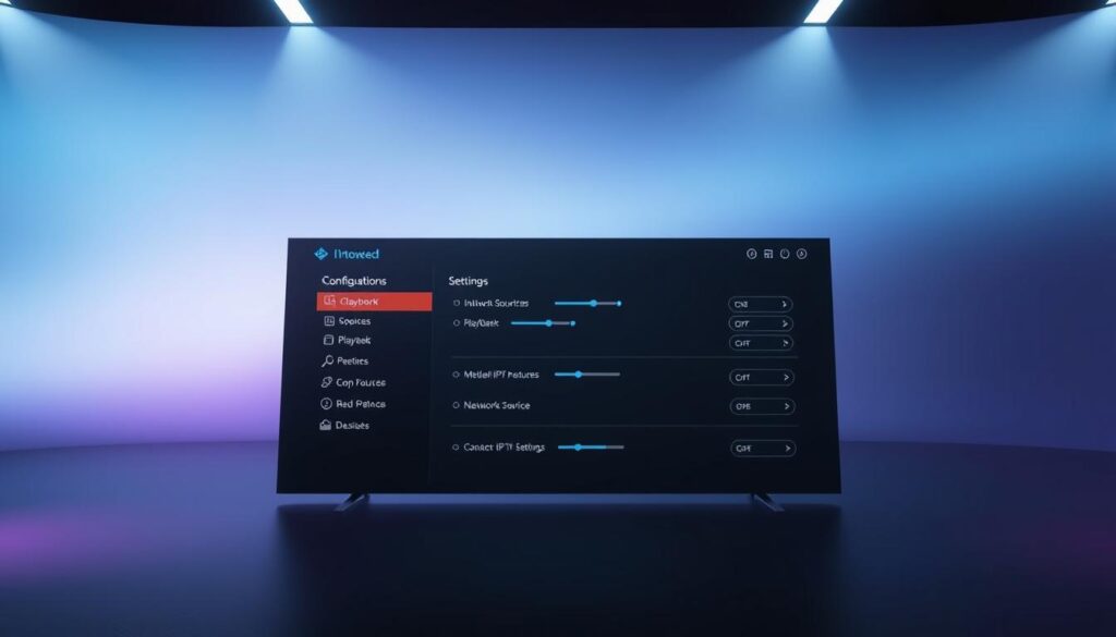 A minimalist, futuristic interface showcasing the advanced configuration settings of the Kodi IPTV application. The foreground displays a sleek, high-resolution dashboard with intuitive controls and toggles for customizing playback, media sources, and network settings. The middle ground features a clean, uncluttered layout with subtle gradient accents, allowing the user's focus to remain on the core functionality. The background is a soft, moody gradient in shades of blue and purple, conveying a sense of modern, high-tech sophistication. Subtle ambient lighting and a shallow depth of field create a professional, studio-like atmosphere, highlighting the advanced nature of the configuration options.