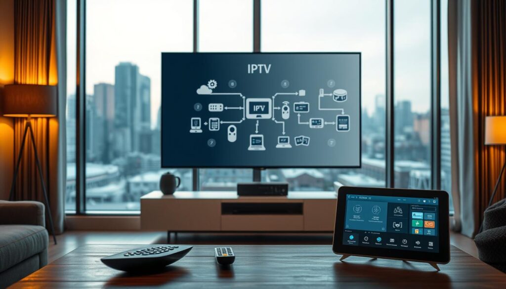 A modern living room with a large flatscreen TV displaying a diagram of IPTV technology. The screen shows a network diagram with connected devices, servers, and data streams. In the foreground, a coffee table with a remote control and a tablet showcasing IPTV interface. Warm lighting creates a cozy atmosphere, while the background features minimalist decor and large windows overlooking a city skyline. The scene conveys the ease and convenience of IPTV technology in a contemporary home setting.