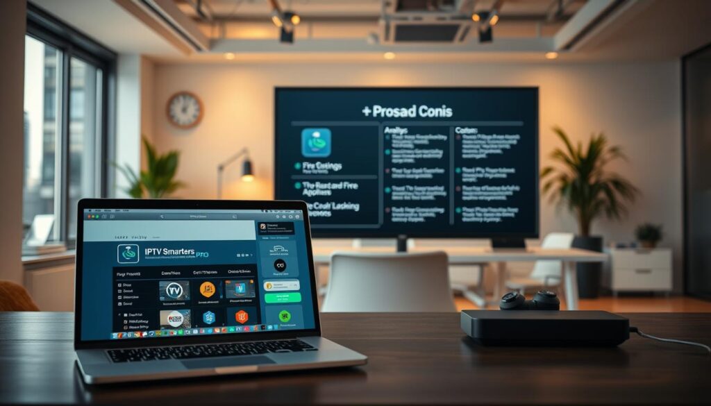 A modern office workspace with a sleek and minimalist design. In the foreground, a laptop displays the IPTV Smarters Pro app interface, showcasing its user-friendly features and intuitive layout. The middle ground features a high-resolution monitor displaying a detailed analysis of the app's pros and cons, presented in a clear and visually appealing manner. The background depicts a clean, well-lit environment with modern office furniture and decor, creating a professional and productive atmosphere. The lighting is warm and directional, highlighting the key elements of the scene and creating depth and dimension. The overall composition conveys a sense of productivity, attention to detail, and a thorough review of the IPTV Smarters Pro application.
