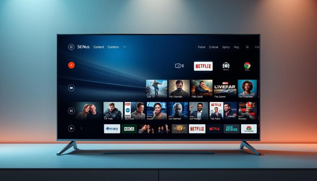 A modern, sleek IPTV interface showcasing the advanced features of the GSE Smart IPTV player. The foreground displays the player's main menu, highlighting intuitive icons and navigation controls. In the middle ground, a variety of content thumbnails are neatly arranged, hinting at the extensive library of live TV channels, on-demand movies, and streaming services. The background features a subtle, gradient-based design with muted tones, creating a sophisticated and visually appealing atmosphere. Crisp lighting accentuates the display's clarity, and the overall composition conveys the seamless user experience and advanced functionality of the GSE Smart IPTV system.