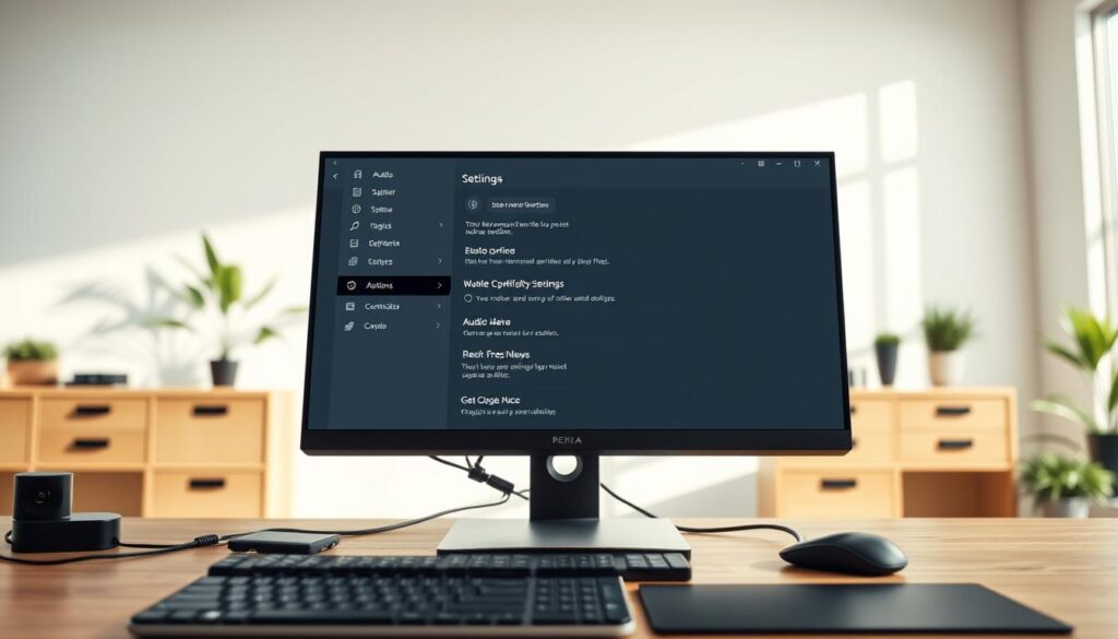 A modern, well-lit office desk showcasing a desktop computer with an open settings menu, displaying various configuration options. The foreground features an ergonomic keyboard and mouse, while the middle ground highlights a sleek, high-resolution monitor displaying a user-friendly interface for adjusting audio, video, and system preferences. The background depicts a minimalist, airy workspace with clean lines, natural lighting, and subtle hints of greenery, conveying a sense of productivity and focus. The overall scene exudes a professional, tech-savvy atmosphere, suitable for illustrating the process of customizing device and app settings for seamless media playback.
