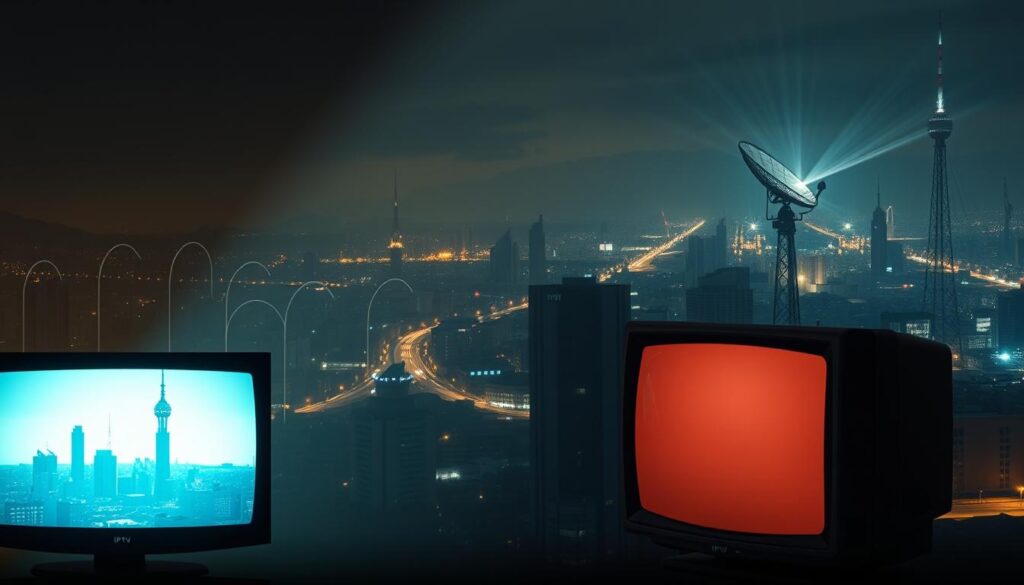 A panoramic scene depicting the evolution of television broadcasting, set against a backdrop of a darkened cityscape. In the foreground, a classic CRT television set transitions into sleek modern flat-panel displays, with a dynamic visual timeline overlaying the scene. The middle ground showcases the progression from bulky analog broadcast towers to sleek digital transmitters, casting a warm glow across the cityscape. In the distance, a towering IPTV satellite dish stands as a symbol of the future, its beams of data streaming across the urban landscape. The lighting is dramatic, with chiaroscuro effects highlighting the technological advancements, conveying a sense of progress and innovation.
