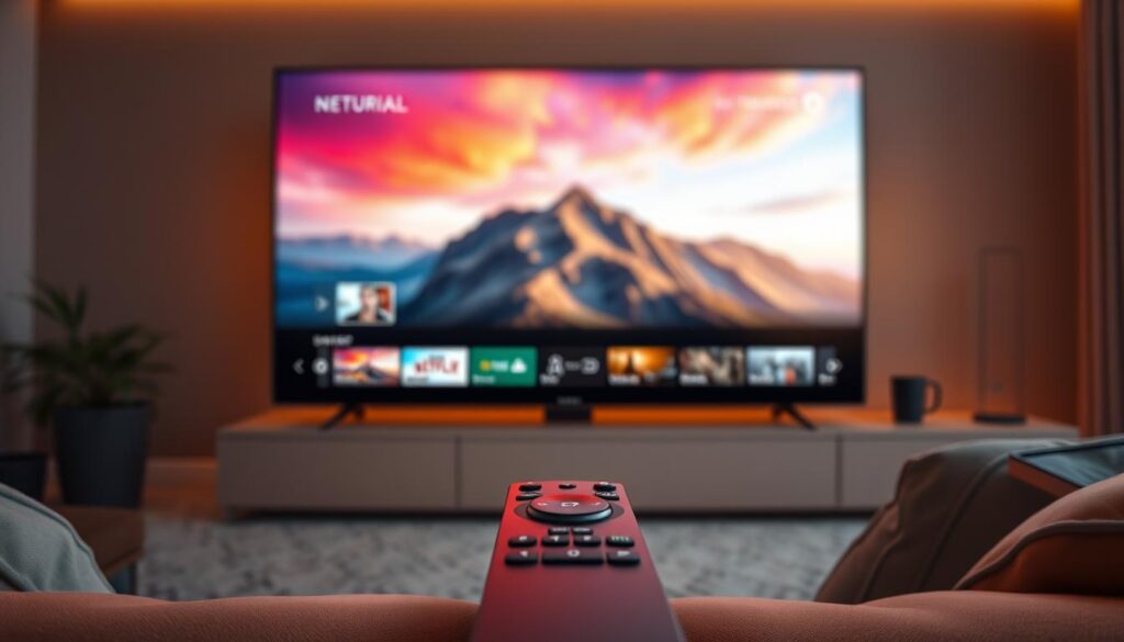 A seamless, high-definition streaming experience with a sleek and modern interface. A cinematic, 4K display showcases stunning visuals, with a crisp, vibrant color palette and realistic textures. The scene is bathed in warm, ambient lighting, creating a cozy and inviting atmosphere. In the foreground, a minimalist, intuitive remote control effortlessly navigates the user-friendly menu system. The background features a clean, minimalist design with subtle gradients and geometric patterns, suggesting advanced technology and reliable performance. The overall impression is one of effortless, reliable, and enjoyable streaming, perfectly complementing the benefits of the IPTV subscription.