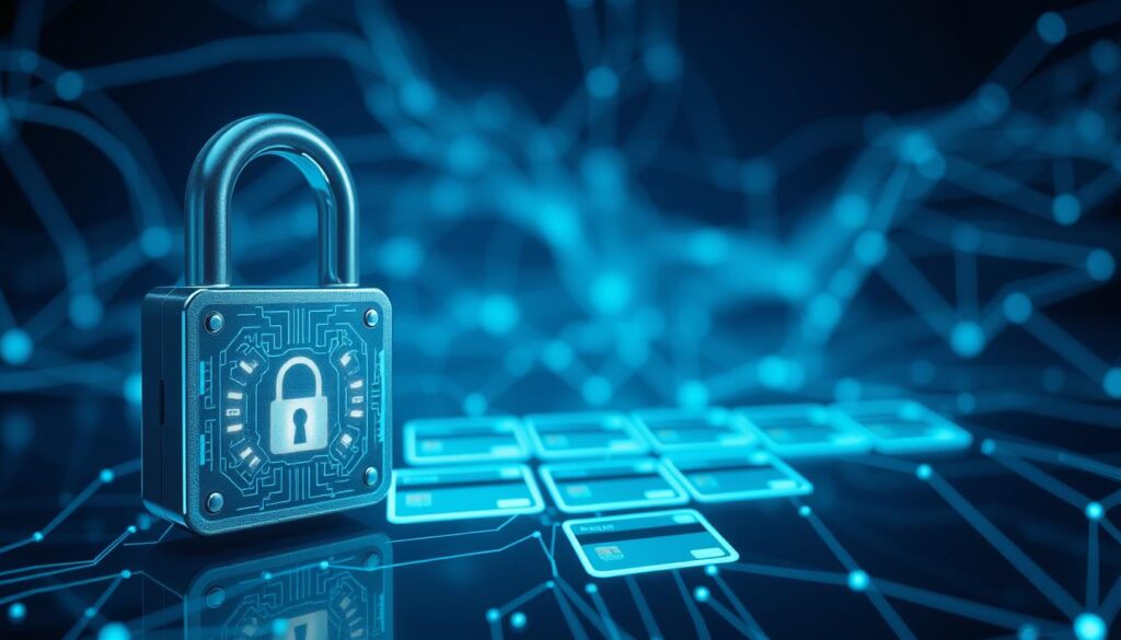A secure payment encryption methods illustration featuring a digital lock icon, bank card symbols, and a secure network connection. The foreground showcases a sleek, metallic lock with intricate patterns and glowing circuits, conveying a sense of technological sophistication. The middle ground depicts credit card icons in a grid layout, representing various payment options. In the background, a fluid, wire-frame network pattern radiates outward, suggesting the robust encryption protocols that safeguard the transaction process. The overall composition is illuminated by a cool, blue-tinted lighting, creating a high-tech, futuristic ambiance.