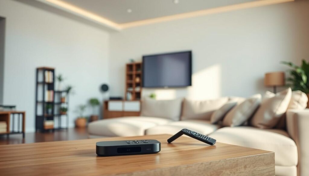 A serene living room with a large flat-screen TV mounted on the wall. In the foreground, a sleek, modern streaming device and a remote control sit on a minimalist wooden coffee table. Soft, diffused lighting casts a warm glow, creating a cozy atmosphere. The middle ground features a plush, comfortable sofa in a neutral color, inviting viewers to relax and enjoy their affordable streaming experience. In the background, glimpses of bookshelves and plants suggest a well-appointed, value-conscious home. The overall scene conveys a sense of quality, simplicity, and accessibility, reflecting the "Cheap IPTV UK 2025 - Budget Streaming Services Under £15" theme.