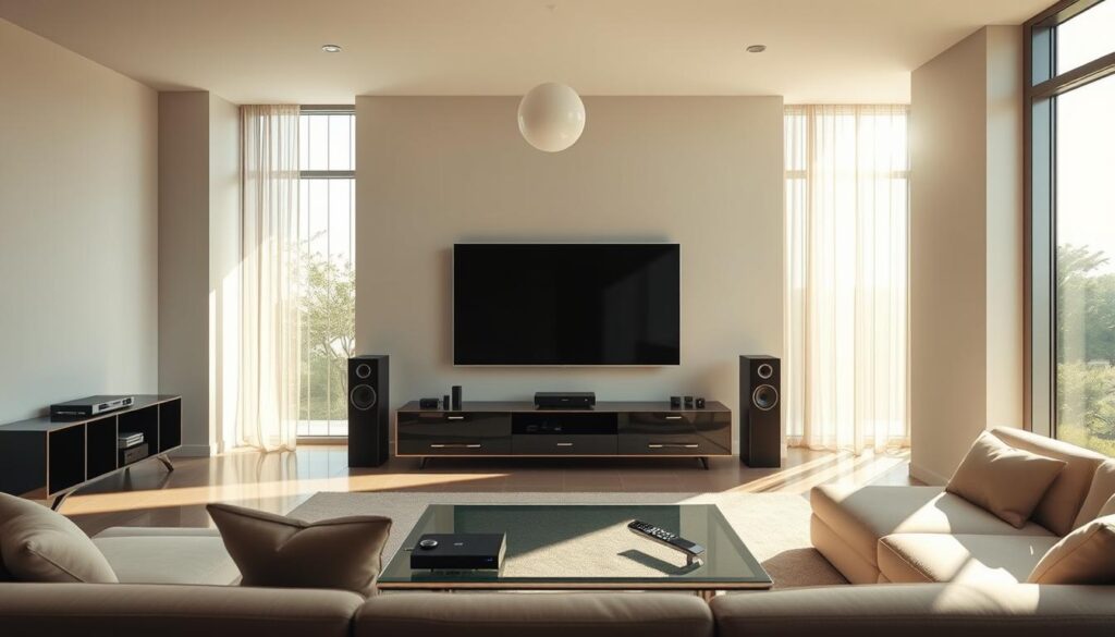 A serene living room with a large, high-definition television set at the center. Sunlight streams through floor-to-ceiling windows, casting a warm glow on the sleek, minimalist furniture. A modern sound system with discrete speakers blends seamlessly into the decor, delivering immersive, uninterrupted audio. The room is adorned with subtle, technology-inspired accents - a floating shelving unit displays the latest streaming devices, while a glass-topped coffee table houses a touchscreen remote control. The overall atmosphere conveys a sense of effortless sophistication and unparalleled entertainment experience.