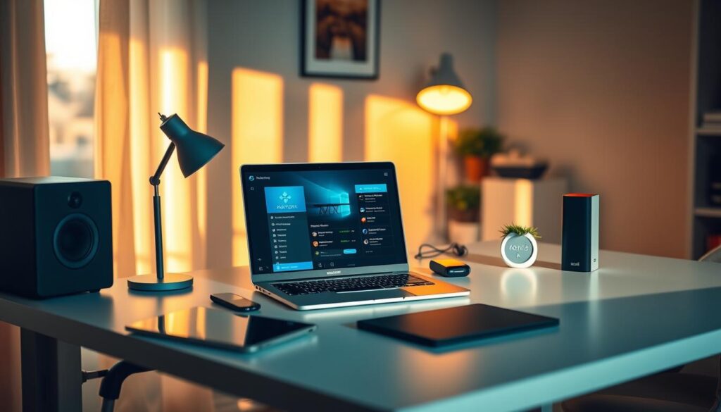 A serene, well-lit home office setup with a laptop, tablet, and smart home devices. The desk is organized with a minimalist aesthetic, with a sleek Kodi media center interface displayed on the laptop screen. The room is bathed in warm, natural lighting that casts a cozy glow, creating an atmosphere of productivity and focus. The overall scene conveys a sense of streamlined efficiency and technological optimization, perfectly suited for the "Performance Optimisation" section of the article.