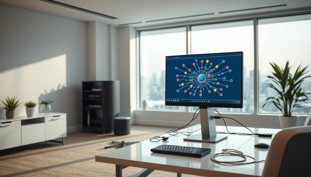 A serene, well-lit office space with sleek, modern furniture and minimalist decor. The focal point is a desktop computer, its screen displaying a network diagram with colorful nodes and connections. Cables and network equipment are neatly organized, conveying a sense of efficient, optimized performance. The lighting is soft and diffused, creating a calming atmosphere. The background features a large window overlooking a cityscape, suggesting the importance of a robust, high-speed internet connection. The overall scene suggests a professional, technology-driven environment where network optimization is a priority.