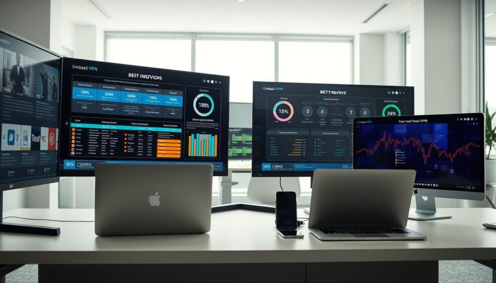 A side-by-side comparison of the best VPN providers, displayed on high-resolution monitors in a modern, minimalist office setting. The foreground showcases detailed feature charts, performance metrics, and customer ratings for top-rated VPN services. The middle ground features sleek laptop computers and smartphones, showcasing the VPN services in action. The background depicts a clean, bright workspace with large windows, subtle lighting, and a sense of professionalism. The overall atmosphere conveys an authoritative, research-driven approach to evaluating and selecting the optimal VPN for secure IPTV streaming in the UK.