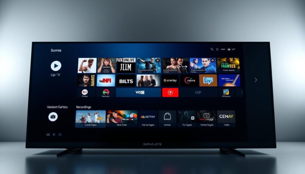 A sleek, advanced media player interface, its central dashboard showcasing a grid of vibrant, customizable tiles. Crisp, high-resolution icons representing a suite of premium IPTV features - live TV channels, on-demand content, recordings, and more. Soft, indirect lighting illuminates the screen, creating a sense of depth and elegance. The layout is intuitive and responsive, with clean typography and subtle animations guiding the user's experience. In the background, a subtle, abstract pattern evokes a sense of technology and innovation, complementing the device's advanced capabilities.