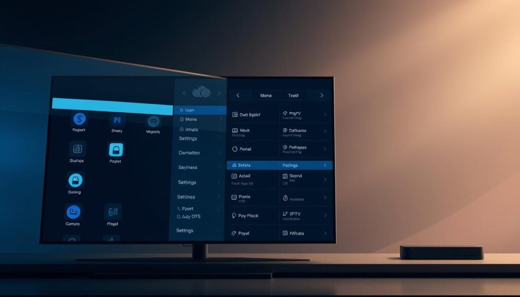 A sleek and modern illustration showcasing the advanced features of IPTV Smarters Pro. In the foreground, a high-resolution digital display highlights the app's intuitive interface, with crisp icons and a clean, minimalist design. In the middle ground, various menu options and settings are arranged neatly, showcasing the depth of customization available to users. The background features a subtle, gradient-based backdrop, creating a sense of depth and professionalism. The overall tone is one of sophistication and technological prowess, capturing the essence of IPTV Smarters Pro's advanced capabilities. Lighting is soft and diffused, creating a sense of elegance, while the camera angle is slightly elevated, giving the image an authoritative and impressive presence.