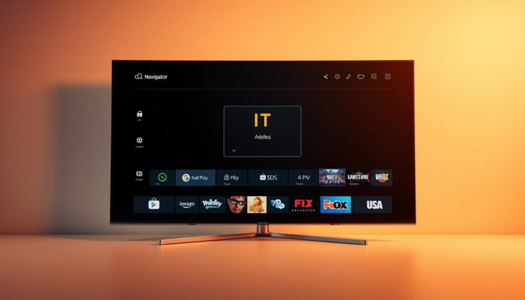 A sleek and modern media player interface, showcasing the OTT Navigator IPTV Player. Centered on a high-definition display, the player's intuitive controls and visually appealing UI elements are prominently featured. The background is a minimalist, gradient-based design, allowing the product to take center stage. Warm, soft lighting illuminates the scene, creating a professional and polished atmosphere. The overall composition emphasizes the user experience, highlighting the player's key features and capabilities in a visually compelling manner.