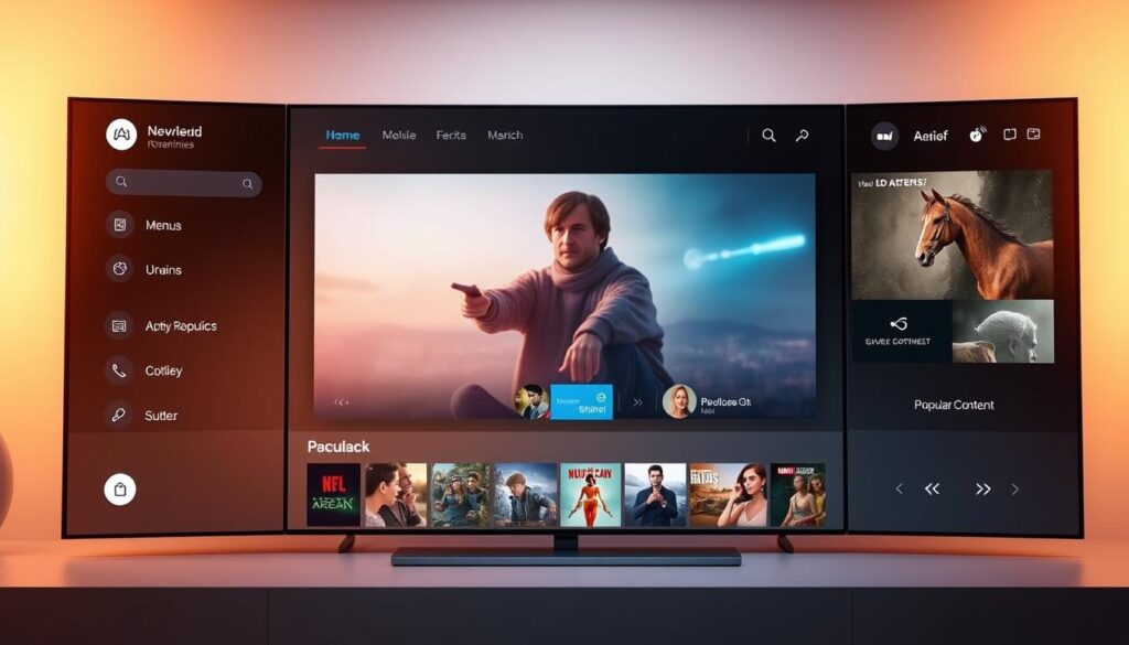 A sleek and modern streaming service interface, presented in a clean and intuitive layout. The foreground features a large, high-definition video player with crisp, vibrant imagery. Surrounding the player are various interactive menus and options, neatly arranged and easily navigable. The middle ground showcases a curated selection of popular content, visually appealing and tempting the user to explore further. The background is a subtle, gradient-based design, providing a sophisticated and immersive ambiance. Warm, diffused lighting creates a welcoming atmosphere, drawing the user's attention to the central experience. The entire interface exudes a sense of professionalism, seamlessly blending form and function to deliver a delightful and engaging streaming experience.