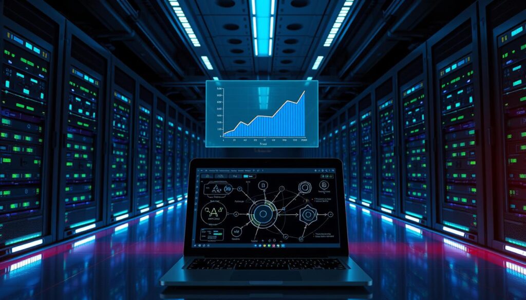 A sleek, futuristic data center with rows of server racks, glowing blue and green indicator lights, and a holographic display in the center showcasing a performance optimization graph. The room is bathed in a cool, techno-chic lighting scheme, with angular shadows cast by the hardware. In the foreground, a laptop displays complex algorithms and network diagrams, hinting at the advanced techniques required to fine-tune streaming performance. The overall atmosphere conveys a sense of precision, efficiency, and the relentless pursuit of optimal digital experiences.