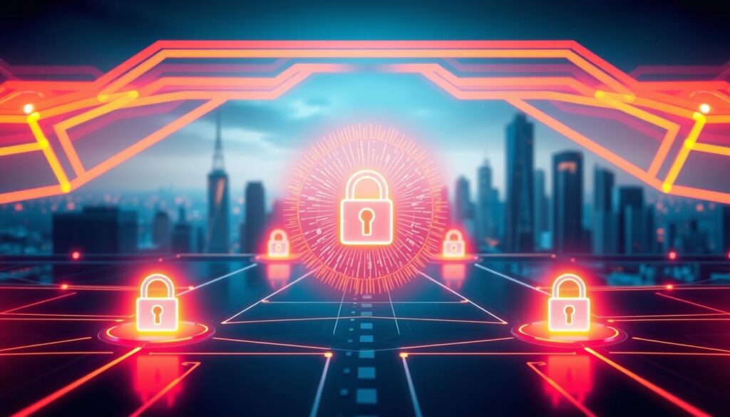 A sleek, futuristic network diagram depicting the key security features of a virtual private network (VPN). In the foreground, a glowing lock icon symbolizes strong encryption, surrounded by a radiant aura. In the middle ground, data packets flow smoothly through secure VPN tunnels, shielded from prying eyes. In the background, a cityscape of skyscrapers represents the global reach and protection of the VPN. The scene is bathed in a cool, neon-tinged color palette, conveying a sense of technological sophistication and uncompromising security.