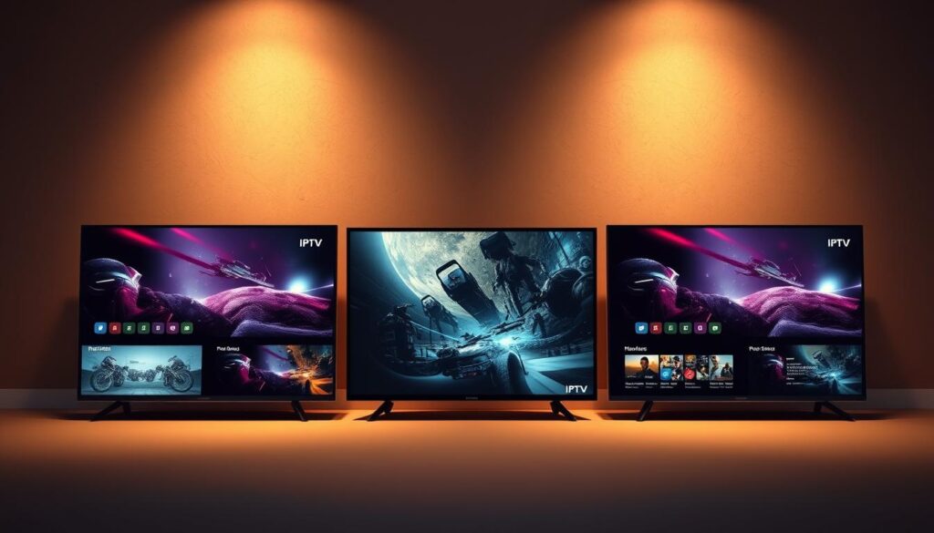 A sleek, minimalist comparison of popular IPTV players set against a subtly textured background. The players are arranged in a clean grid, each showcased with its distinct interface and design. Warm lighting casts a soft glow, creating a professional, editorial aesthetic. The composition emphasizes the differences and unique features of each player, inviting the viewer to closely examine and compare them. The overall mood is one of thoughtful evaluation, guiding the reader through the alternative options for their IPTV needs.