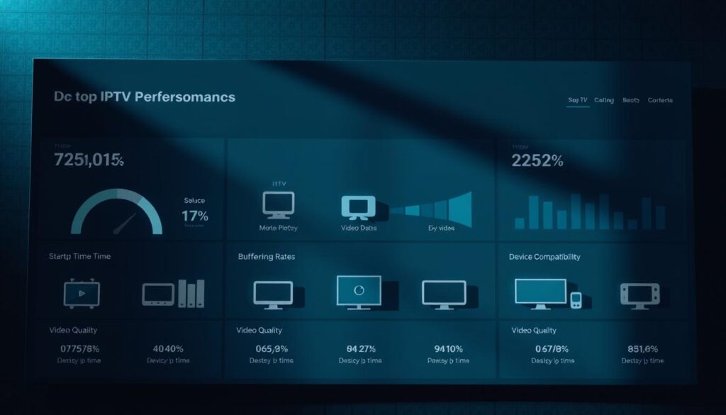 A sleek, minimalist dashboard displaying detailed performance metrics for top IPTV players in the UK market. The foreground features clean, infographic-style visualizations of key benchmarks like startup time, buffering rates, video quality, and device compatibility. The middle ground showcases stylized device icons, suggesting the cross-platform nature of the data. The background has a subtle grid pattern in cool, muted tones, evoking a sense of analytical precision. Dramatic side lighting casts dramatic shadows, lending an air of technical sophistication. The overall mood is one of professionalism, data-driven insights, and the ability to objectively assess the leading IPTV options for UK consumers.