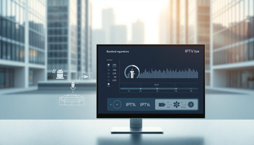 A sleek, minimalist illustration depicting the bandwidth requirements for IPTV. In the foreground, a streamlined desktop computer interface showcases real-time bandwidth usage metrics, with clear visualizations of download and upload speeds. The middle ground features stylized network icons and data flow diagrams, highlighting the data transfer dynamics required for smooth IPTV streaming. The background is a subtly blurred landscape of modern urban architecture, conveying a sense of technological integration and digital infrastructure. The lighting is soft and natural, creating a clean, professional aesthetic. The overall composition emphasizes the technical precision and efficiency needed to deliver high-quality IPTV services.