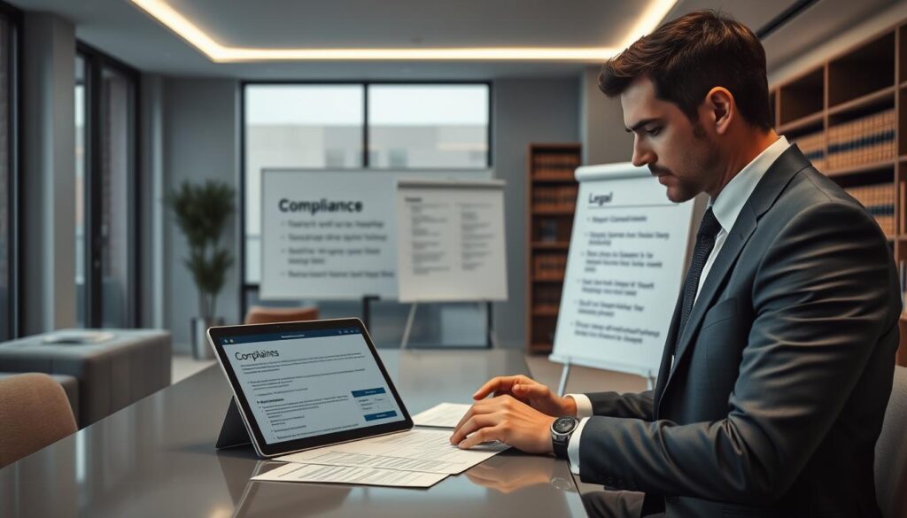 A sleek, modern office interior with large windows, minimalist furniture, and clean lines. In the foreground, a businessman in a suit is reviewing legal documents on a laptop, his expression focused and serious. On the desk, a tablet displays a graphical user interface showcasing various compliance regulations and guidelines for streaming services. The middle ground features a whiteboard displaying key legal terms and requirements, while the background includes bookshelves filled with legal volumes. The lighting is soft and indirect, creating a professional, authoritative atmosphere. The overall scene conveys the importance of adhering to legal compliance for successful IPTV reseller operations in the UK.