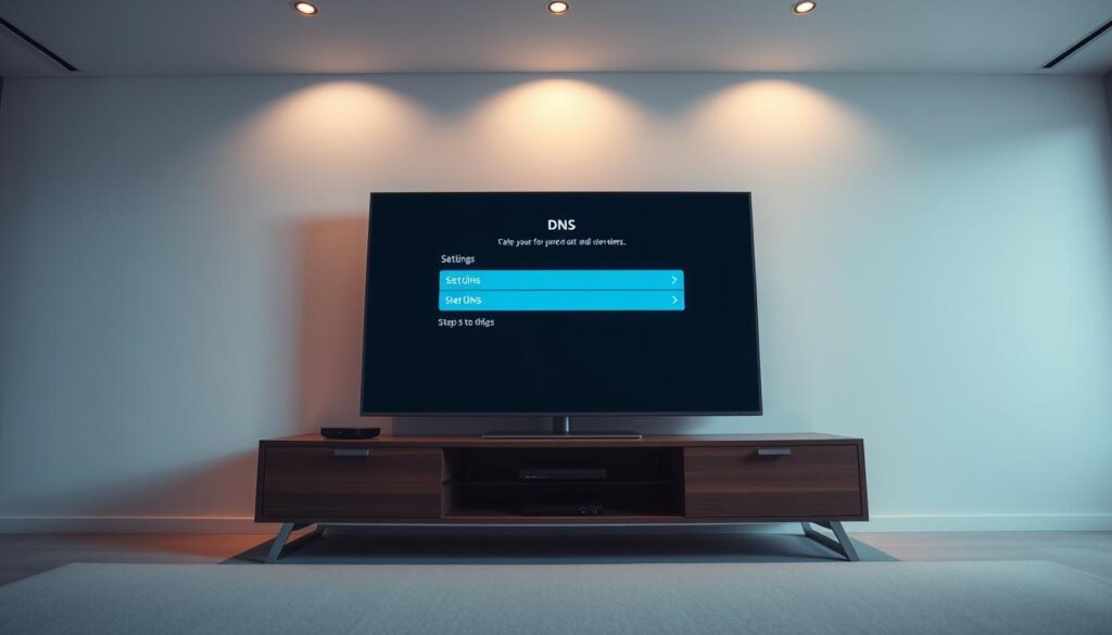 A sleek, modern smart TV displayed prominently in the center of the frame, its screen illuminated with a clean, minimalist interface showcasing DNS settings options. The TV is positioned on a contemporary, wooden entertainment stand, surrounded by a minimal, well-lit room with subtle, warm lighting from overhead fixtures. The camera angle is slightly elevated, creating a sense of professionalism and attention to detail. The overall mood is one of technological sophistication and user-friendly simplicity, reflecting the step-by-step nature of the DNS setup process on smart TVs and media devices.