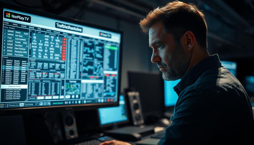 A technician scrutinizing a complex electronic program guide (EPG) displayed on a high-resolution monitor, brow furrowed in concentration. The screen shows a detailed, intricate layout of TV channels, program schedules, and various troubleshooting data. Soft, directional lighting illuminates the scene, casting subtle shadows that emphasize the technical nature of the task. The background is a dimly lit, technology-filled room, hinting at the advanced, behind-the-scenes work required to resolve advanced EPG issues. The technician's pose and expression convey a sense of focused problem-solving, underscoring the importance of thorough troubleshooting to ensure a seamless IPTV EPG experience.
