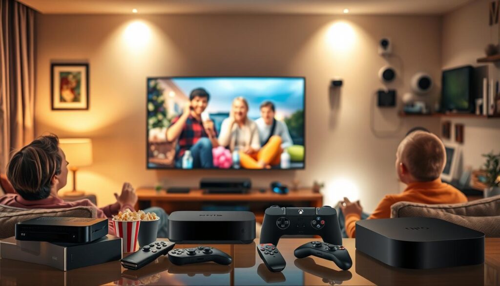 A vibrant and dynamic scene showcasing a variety of live and on-demand entertainment options. In the foreground, a family enjoying a cozy movie night on a large flatscreen TV, with popcorn and drinks. In the middle ground, a selection of streaming devices, game consoles, and remote controls, representing the diverse entertainment choices available. In the background, a wall-mounted smart home hub and various smart devices, suggesting the integration of technology for a seamless entertainment experience. The lighting is warm and inviting, creating a comfortable and immersive atmosphere. The composition is balanced, with the entertainment devices and family interaction taking center stage, conveying the notion of an all-encompassing, modern entertainment ecosystem.